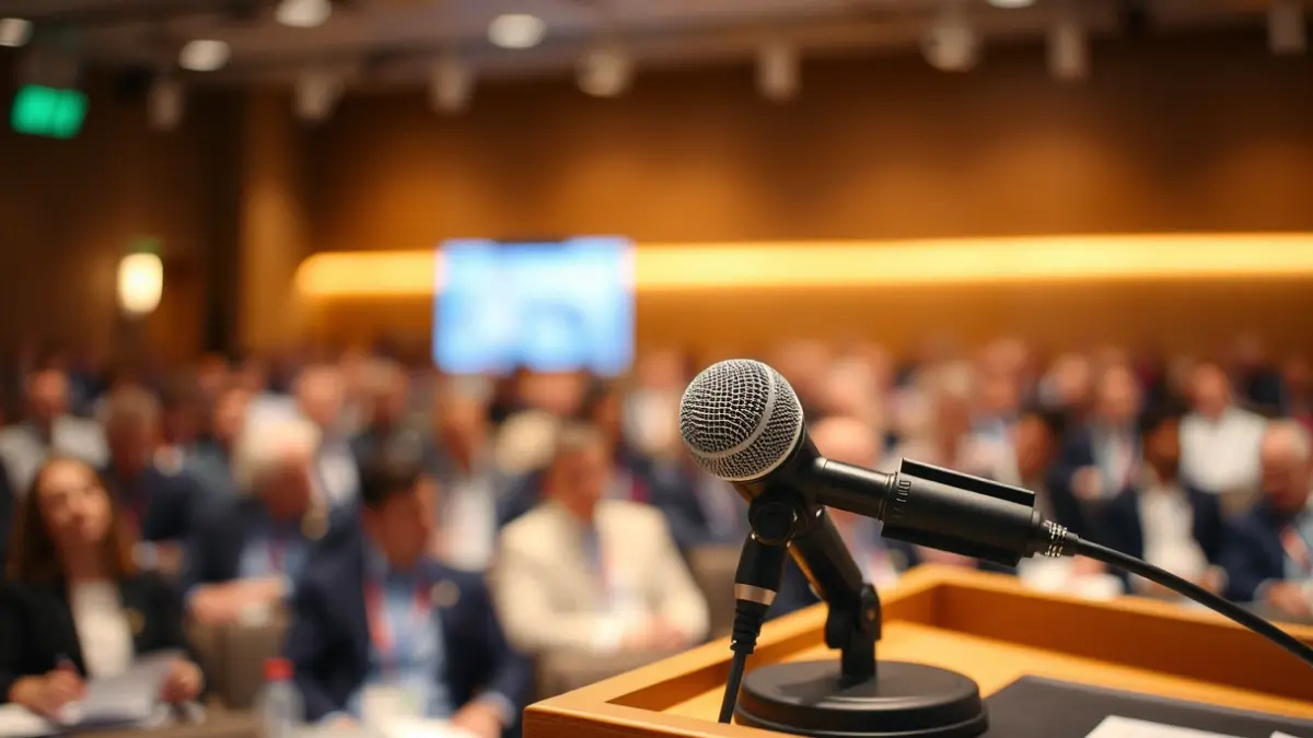 Imagen genérica de un micrófono en un podio en una sala de conferencias.