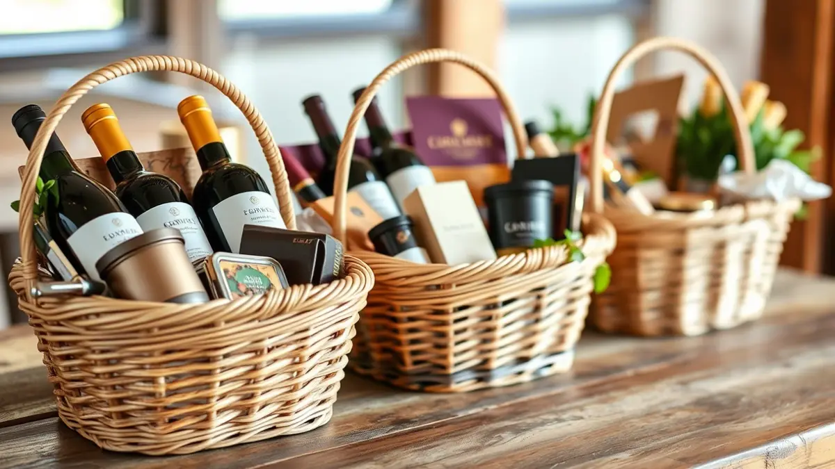 Cestas gourmet con vinos y productos de alimentación de alta calidad.