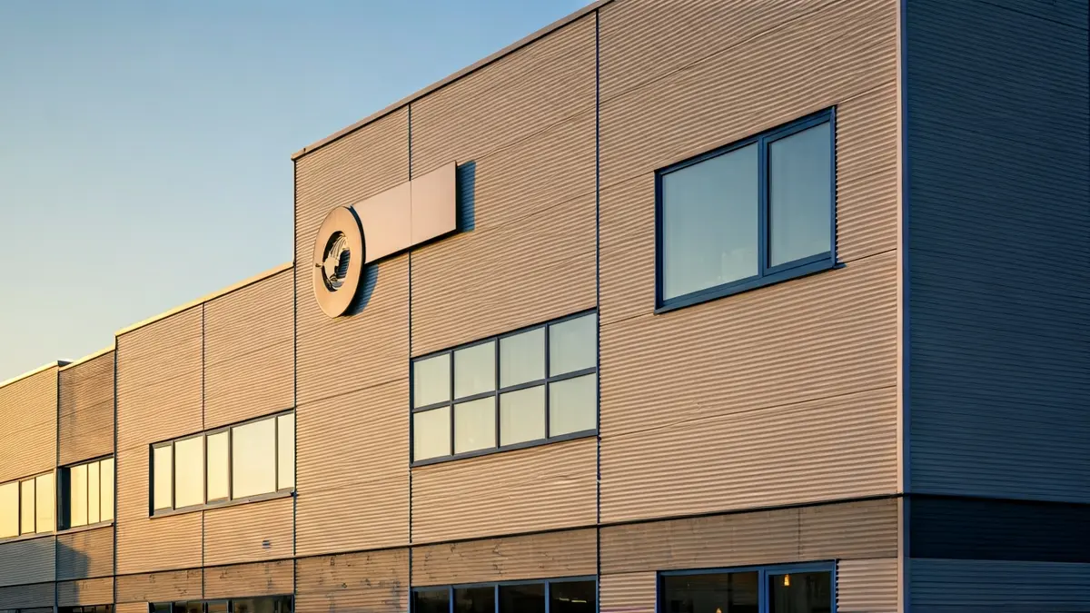 Imagen genérica de la fachada de una fábrica moderna en un polígono industrial.