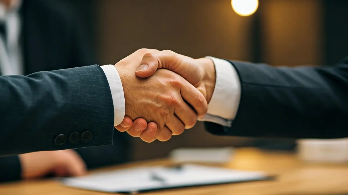 Imagen genérica de dos manos estrechándose en un entorno de oficina, simbolizando un acuerdo comercial.