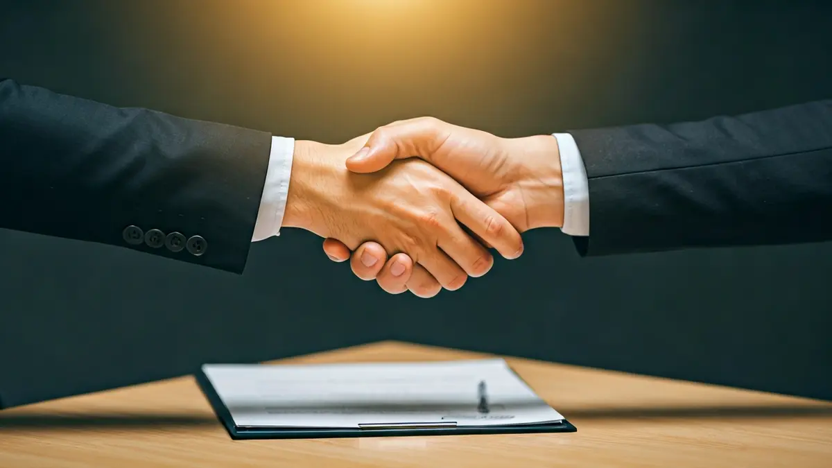 Imagen genérica de un acuerdo de colaboración empresarial con dos manos estrechándose.