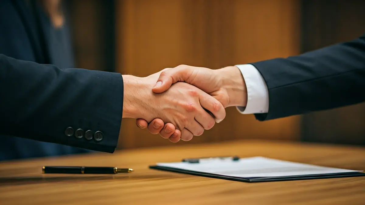 Imagen genérica de un acuerdo empresarial con dos manos estrechándose sobre un escritorio.
