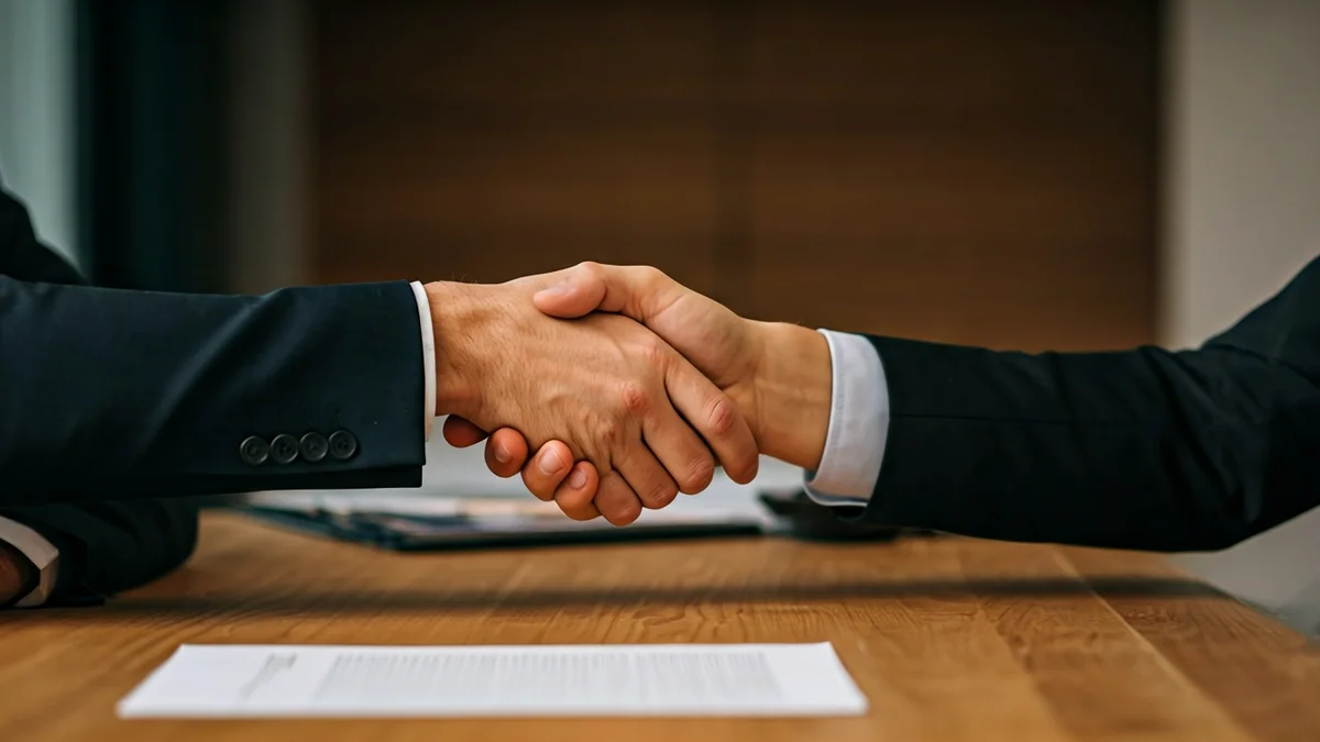 Generic image of two hands shaking in an office setting, symbolizing a job opportunity or networking.