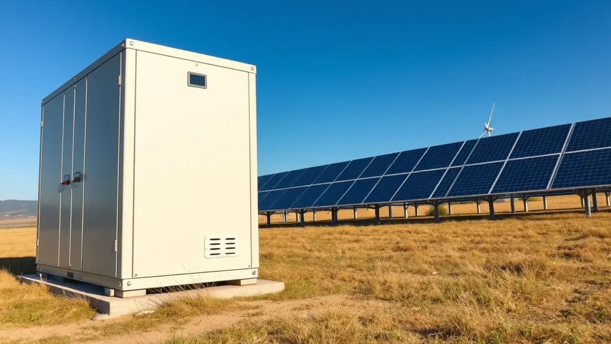 Generic image of a battery energy storage facility in an open field.