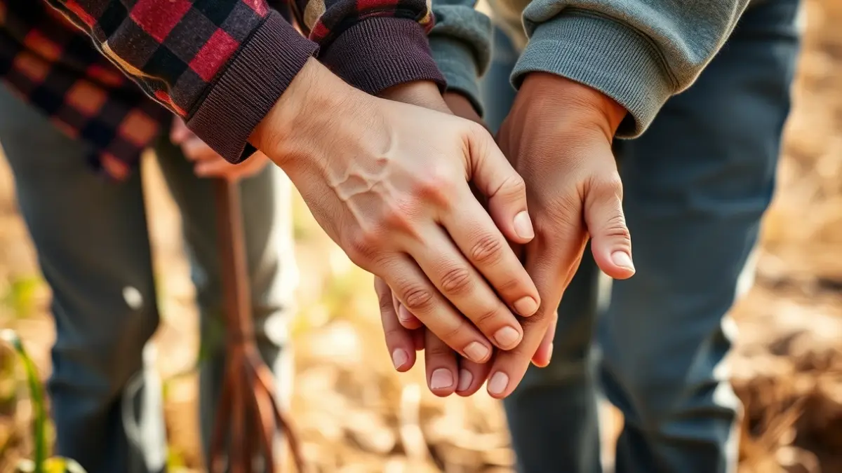 Imagen genérica de manos colaborando en un proyecto, con elementos agrícolas difuminados al fondo.