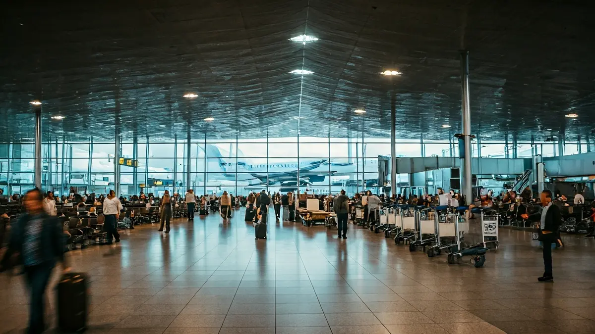 Generic image of an airport with travelers and a plane on the runway.