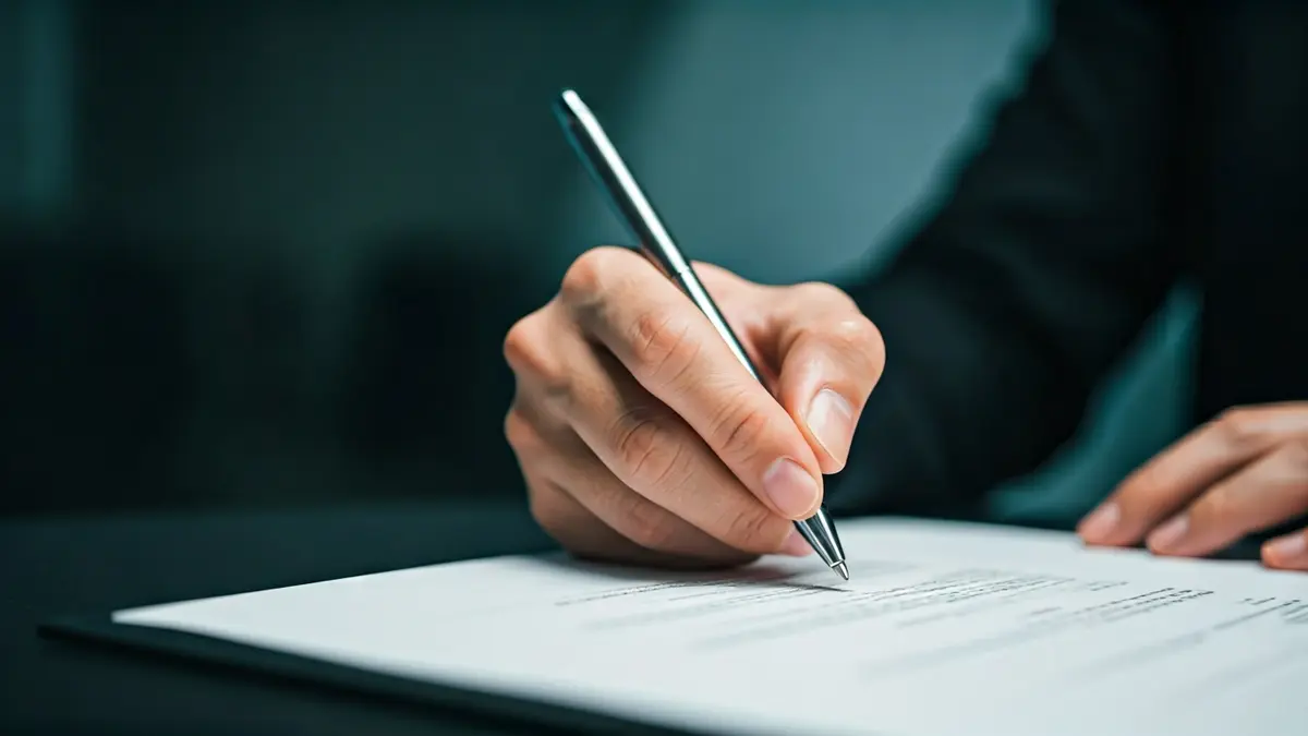 Generic image of a hand signing a document, with a modern office background and blue lights.