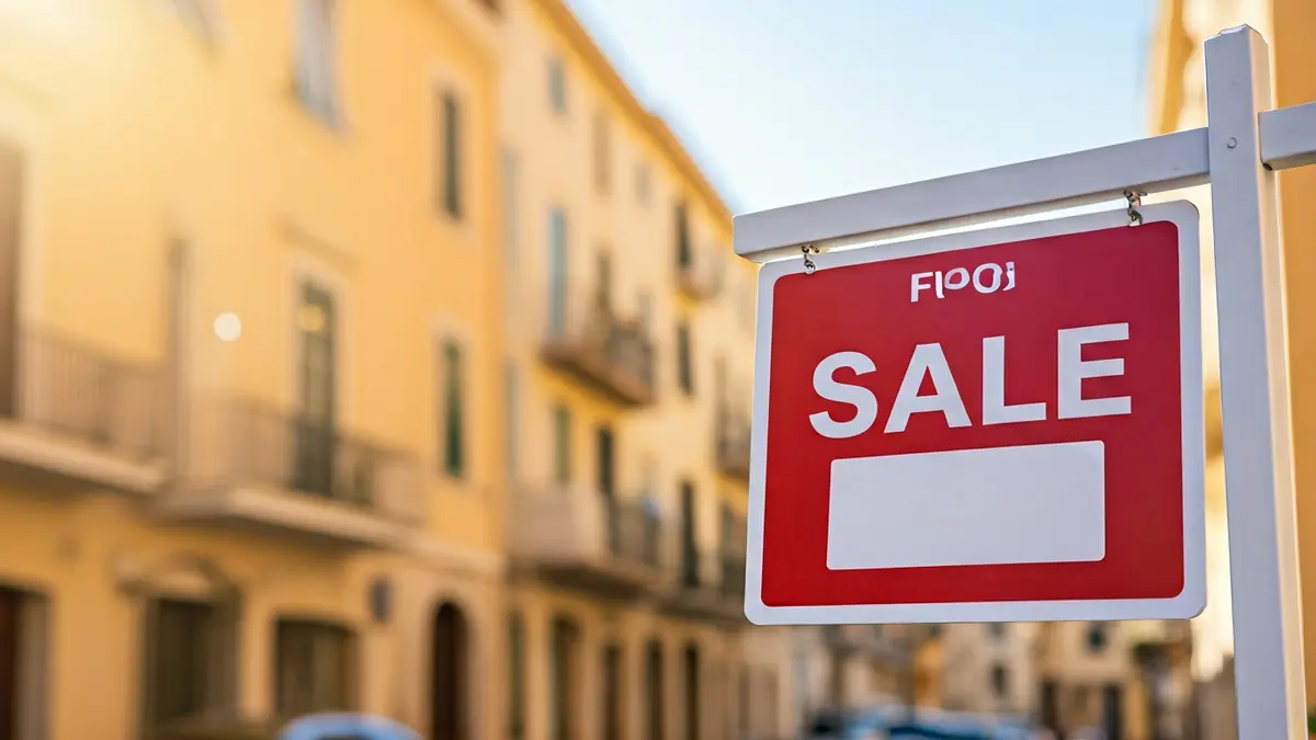 Generic image of a 'For Sale' sign in a Mediterranean city.