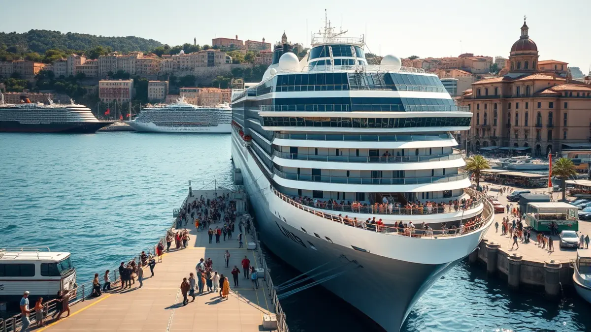 Image of a cruise ship docked at the port of Cádiz with passengers disembarking.