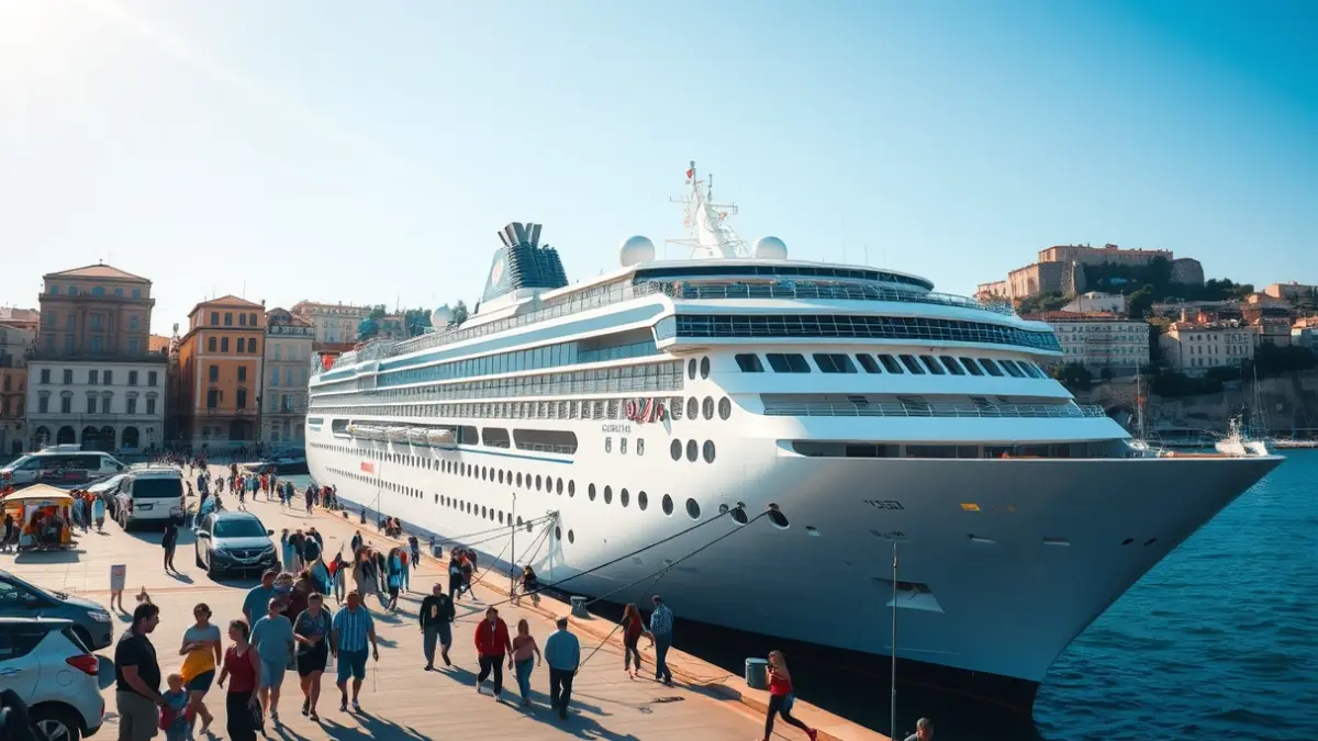 Image of a cruise ship docked at the port of Cádiz with passengers disembarking.