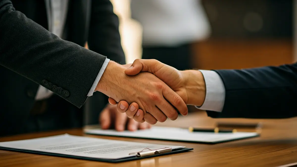 Generic image of two hands shaking over a blurred desk with paperwork, symbolizing a financial agreement.
