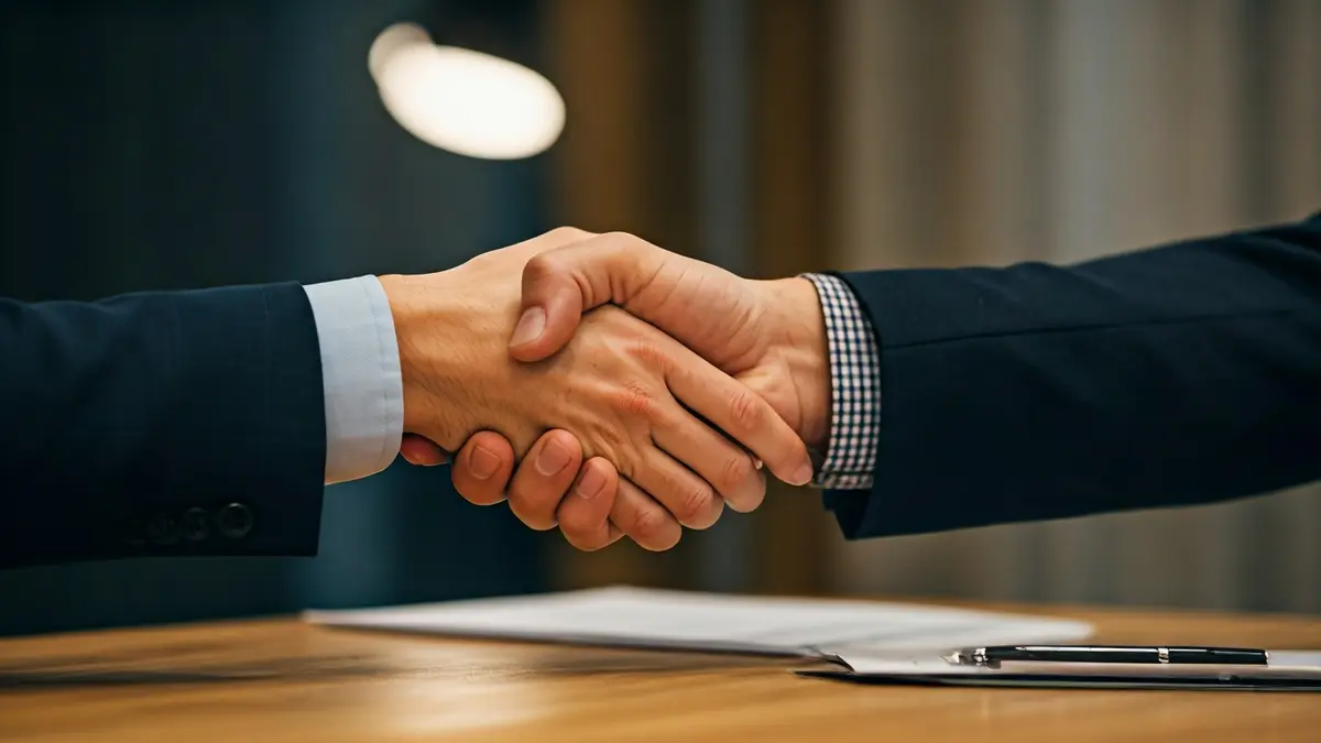 Generic image of two hands shaking in an office setting, symbolizing financial agreements or business success.