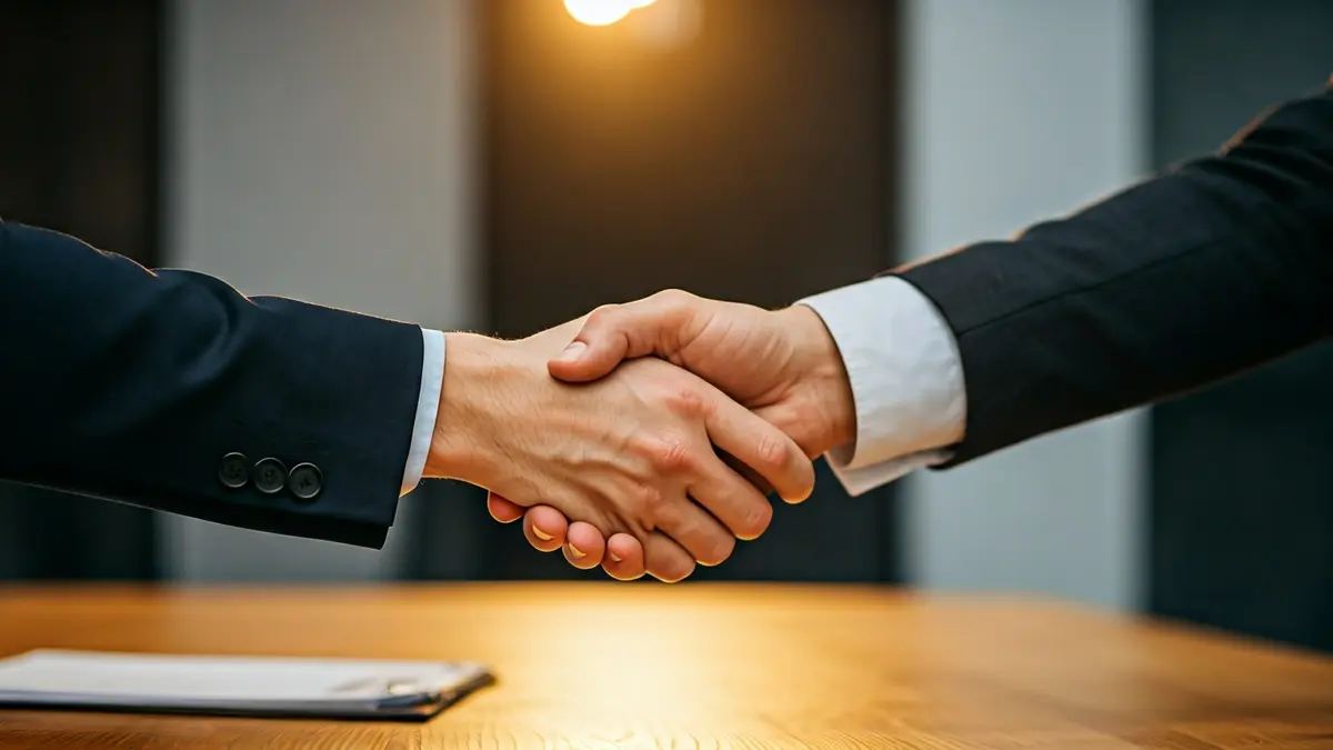 Imagen genérica de dos manos estrechándose sobre un papeleo, simbolizando inversión social y cooperación.