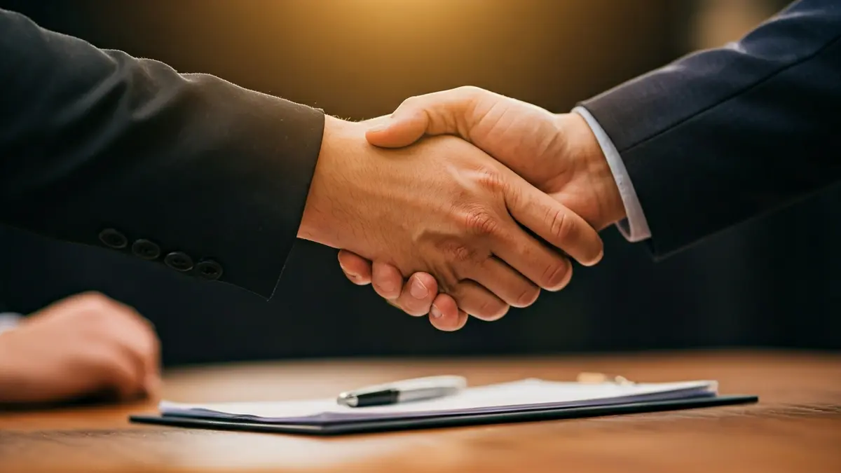 Generic image of a handshake over a desk with documents, symbolizing an agreement.