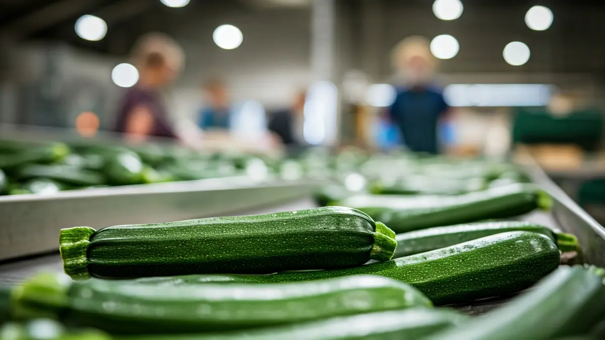 Fresh zucchini being processed in an agricultural plant