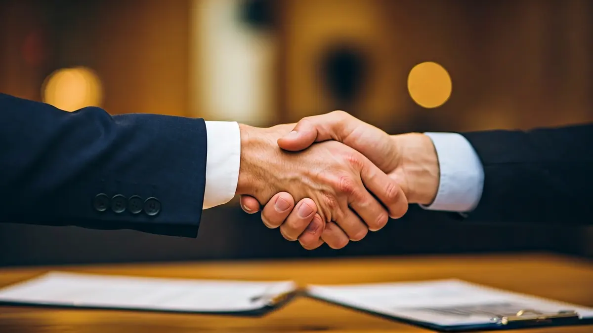 Generic image of two hands shaking in an office setting, symbolizing business collaboration.