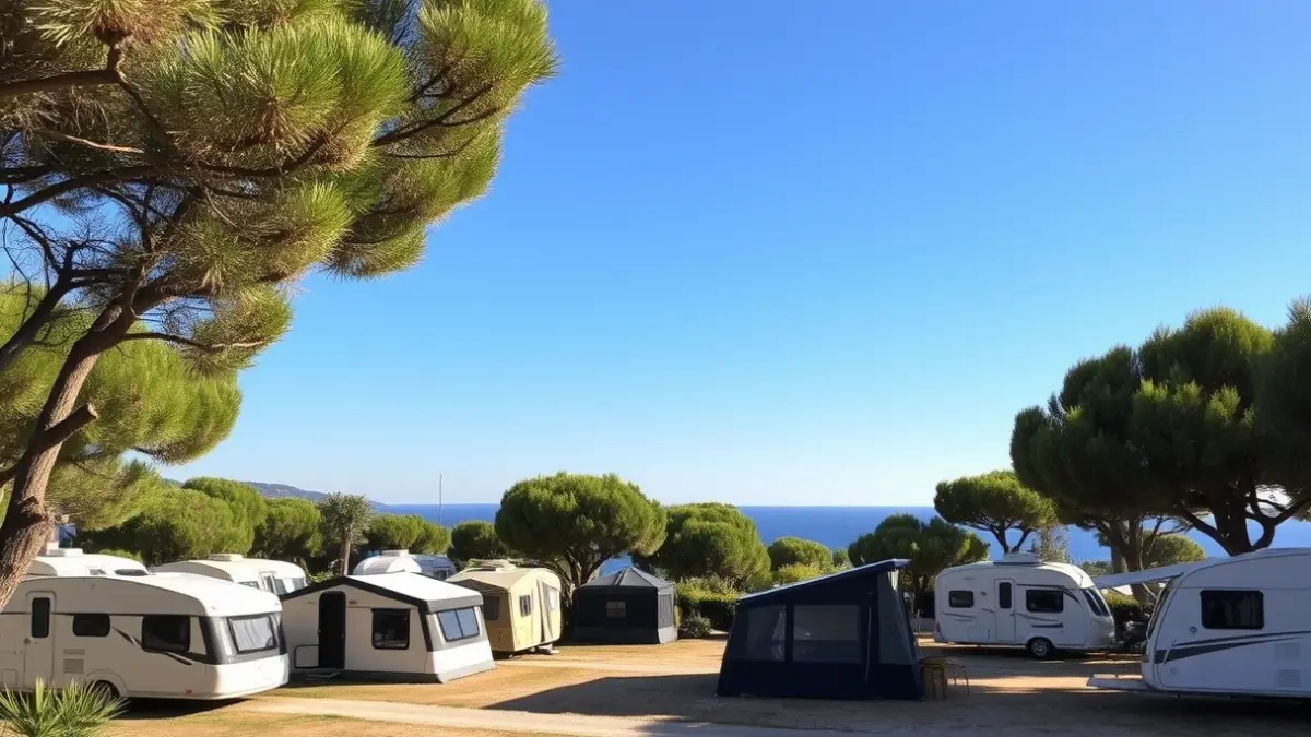 Imagen genérica de un camping moderno con tiendas y caravanas en un entorno natural.