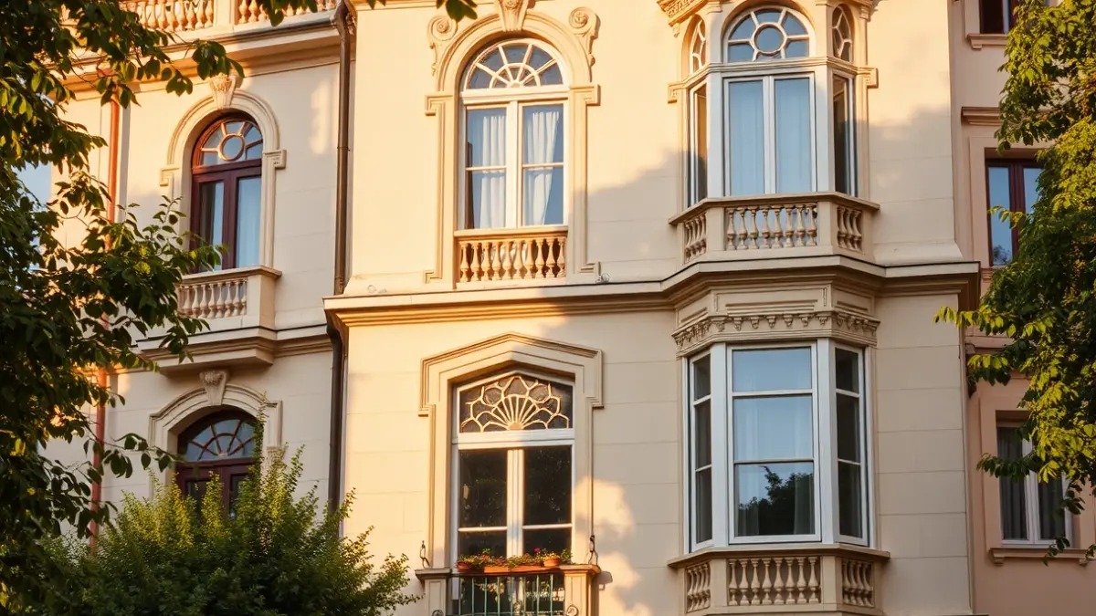 Image of a modernist building with intricate details and large windows, illuminated by the afternoon sun.