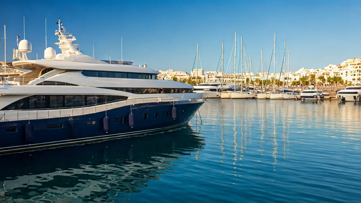 Image of a modern marina with yachts docked and the Canary Islands coastline in the background.