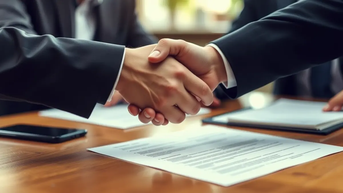 Generic image of a business agreement or support, with two hands shaking over a desk.