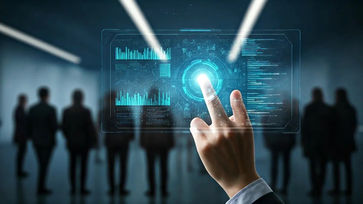 Generic image of a hand interacting with a holographic interface displaying abstract data, symbolizing artificial intelligence and leadership.