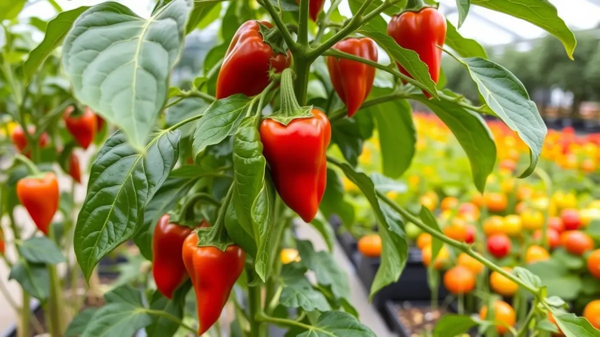 Image of pepper plants in a greenhouse, representing genetic improvement in horticulture.