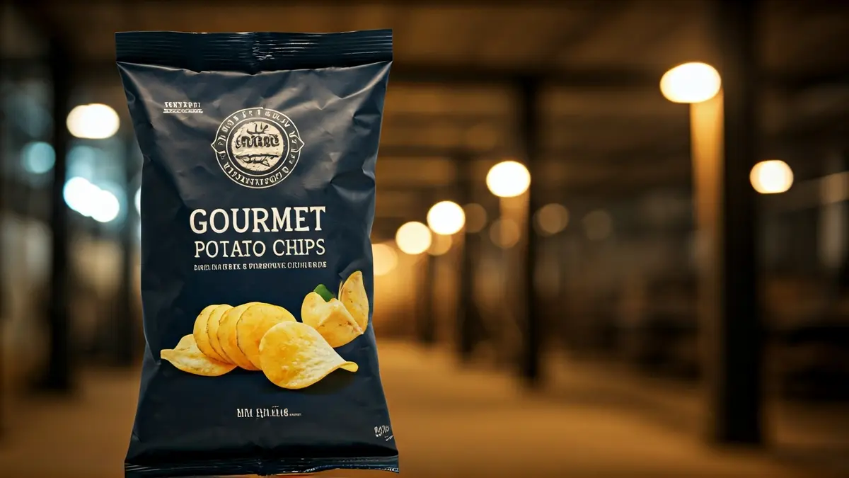 Image of a gourmet potato chip bag with a blurred factory in the background.