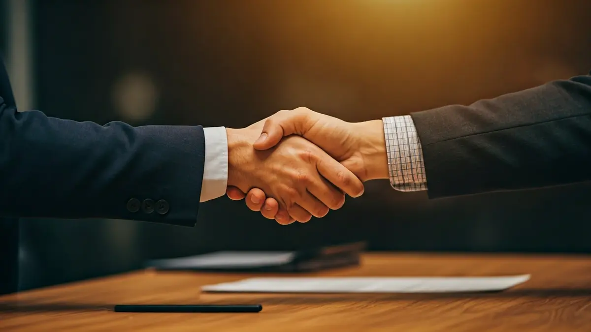 Generic image of two hands shaking over a desk, symbolizing an agreement.