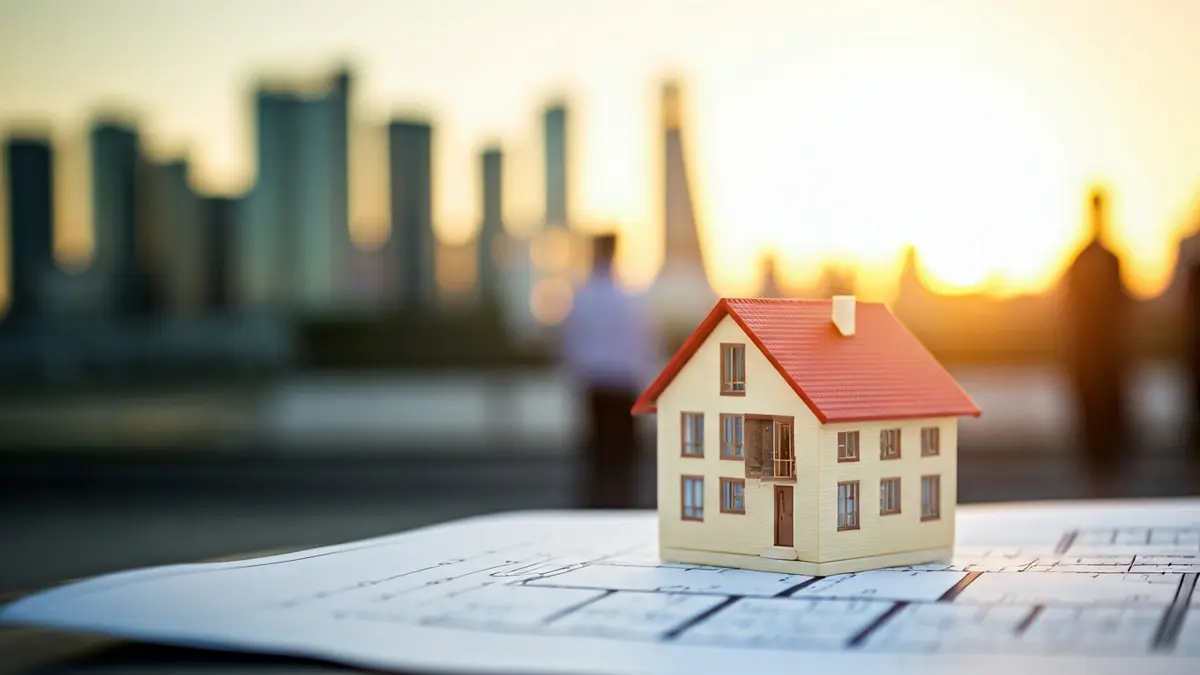 Generic image of a house miniature on a blueprint, with a blurred urban background.