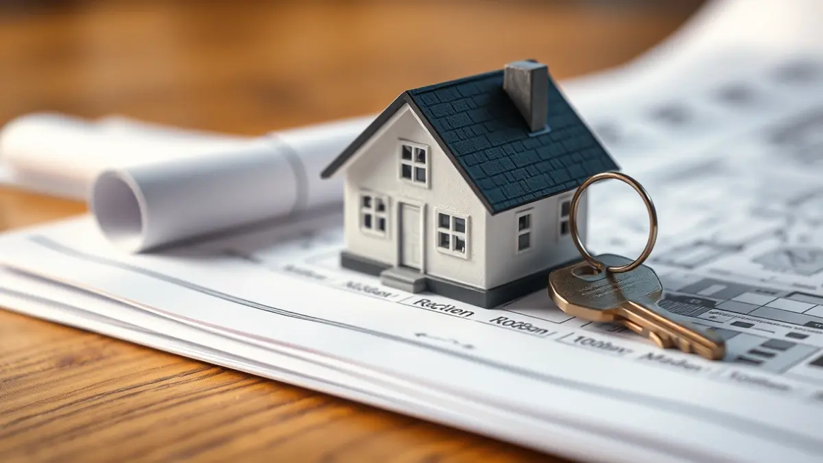 Generic image of a house key on blueprints, symbolizing housing transactions.