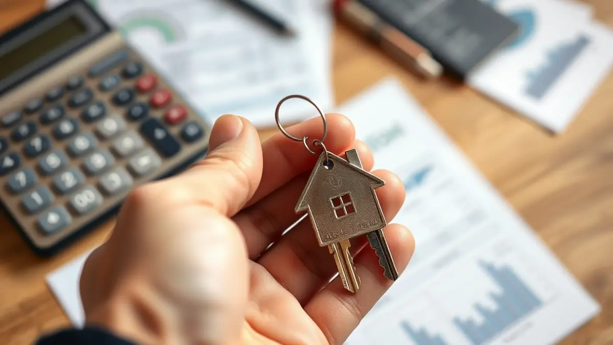 Generic image of a hand holding a house key, with blurred financial documents in the background.