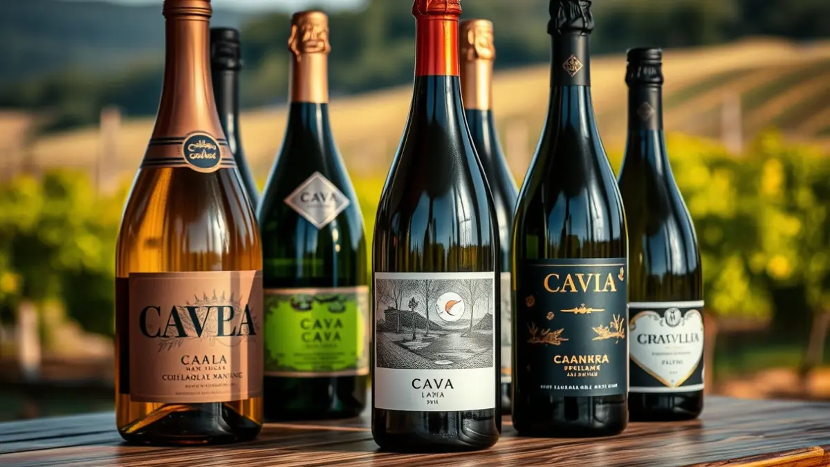 Cava bottles from the Marevia brand, with artistic labels, in a warm setting.