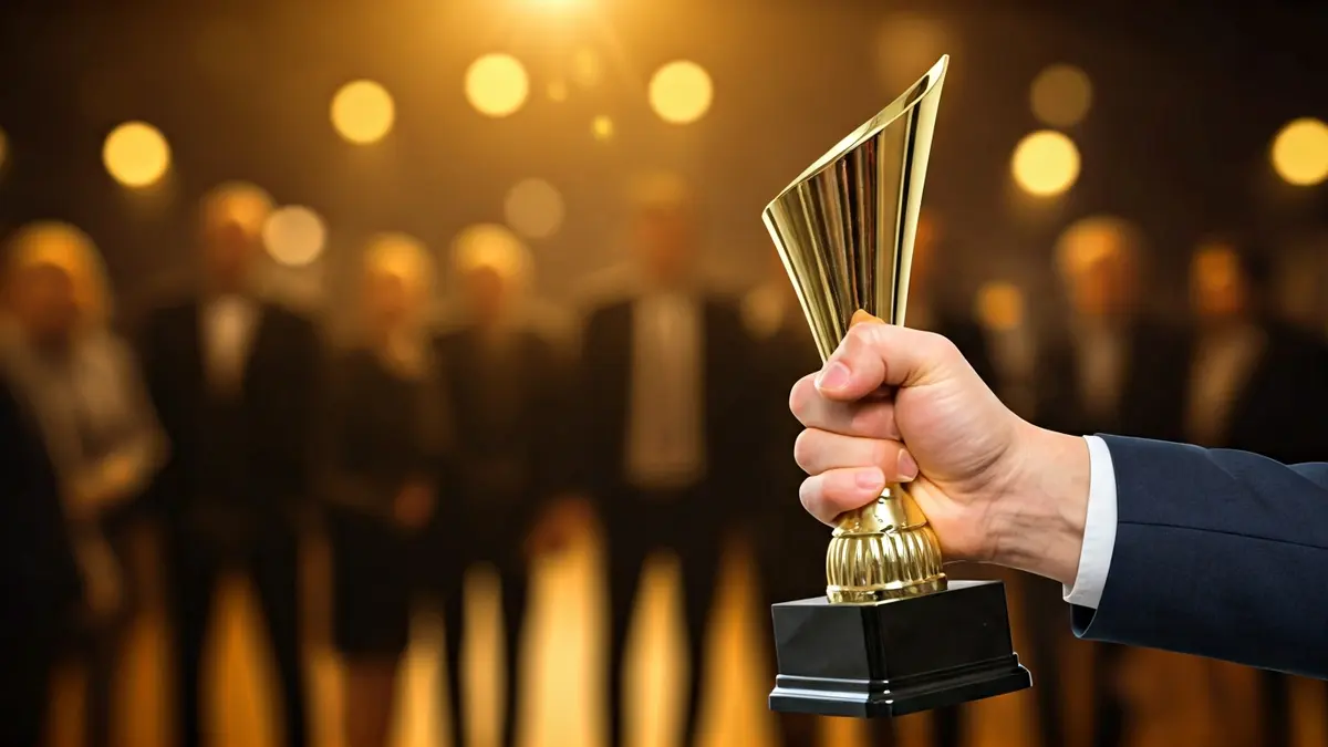 Generic image of a golden trophy, with blurred business people in the background.