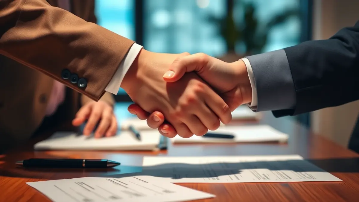 Imaxe xenérica de dúas mans estreitándose sobre unha mesa, simbolizando un acordo ou colaboración empresarial.