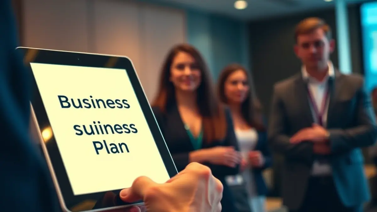 Imagen genérica de una mano sosteniendo una tableta con un plan de negocio, con figuras borrosas de estudiantes y mentores en un evento profesional.