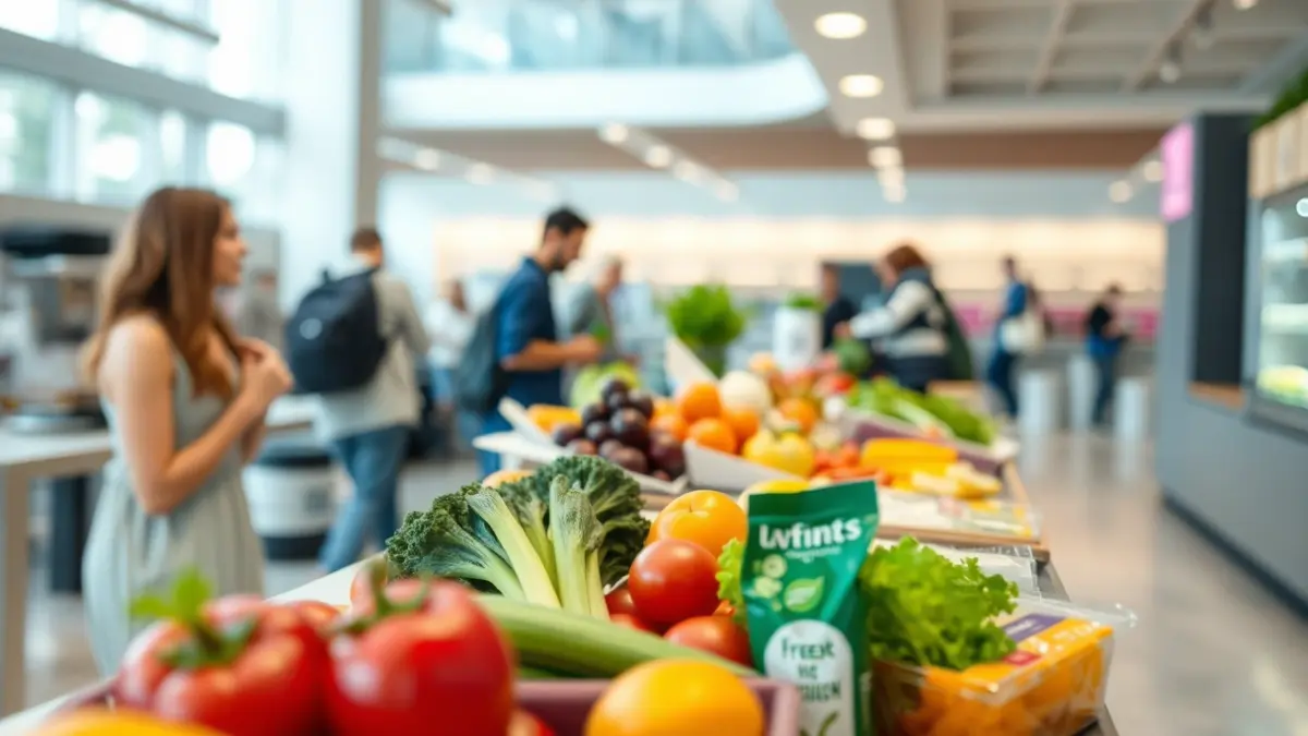 Imagen genérica de una cafetería universitaria moderna con opciones saludables.