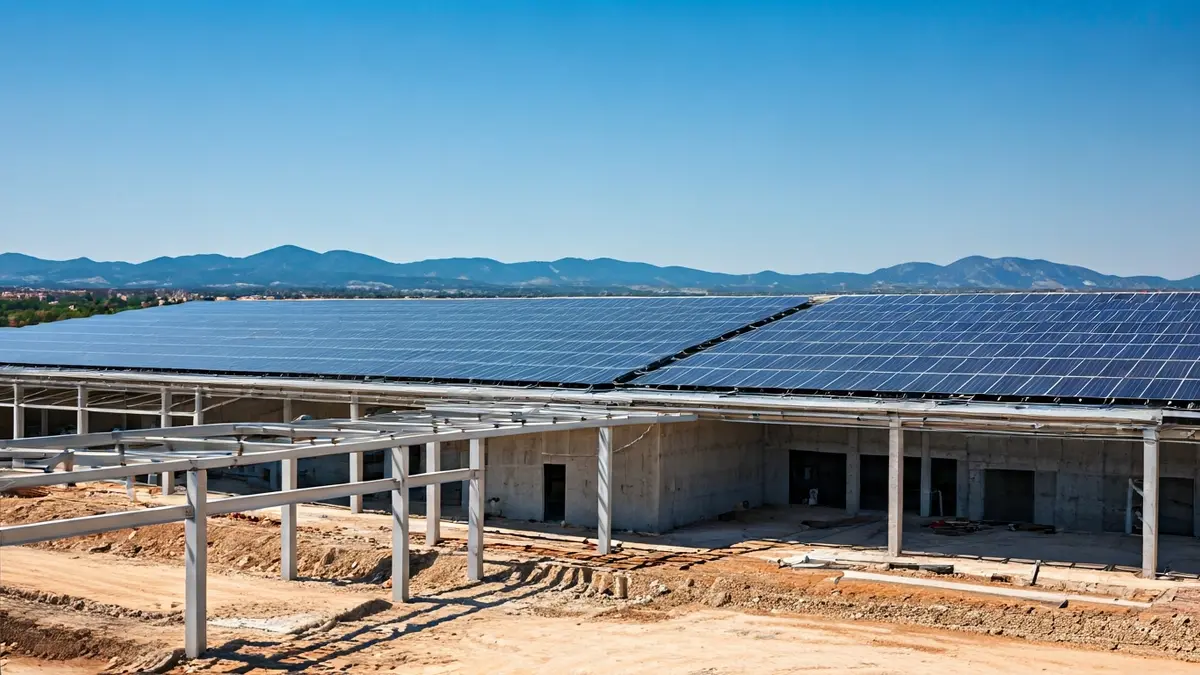 Image of a modern industrial plant under construction with solar panels on the roof.