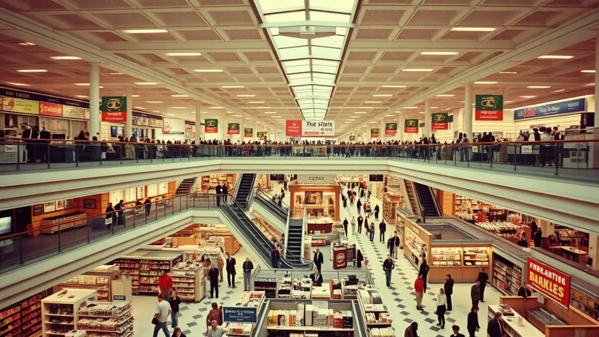 Imagen de un gran almacén de los años 70, con escaleras mecánicas y clientes comprando.