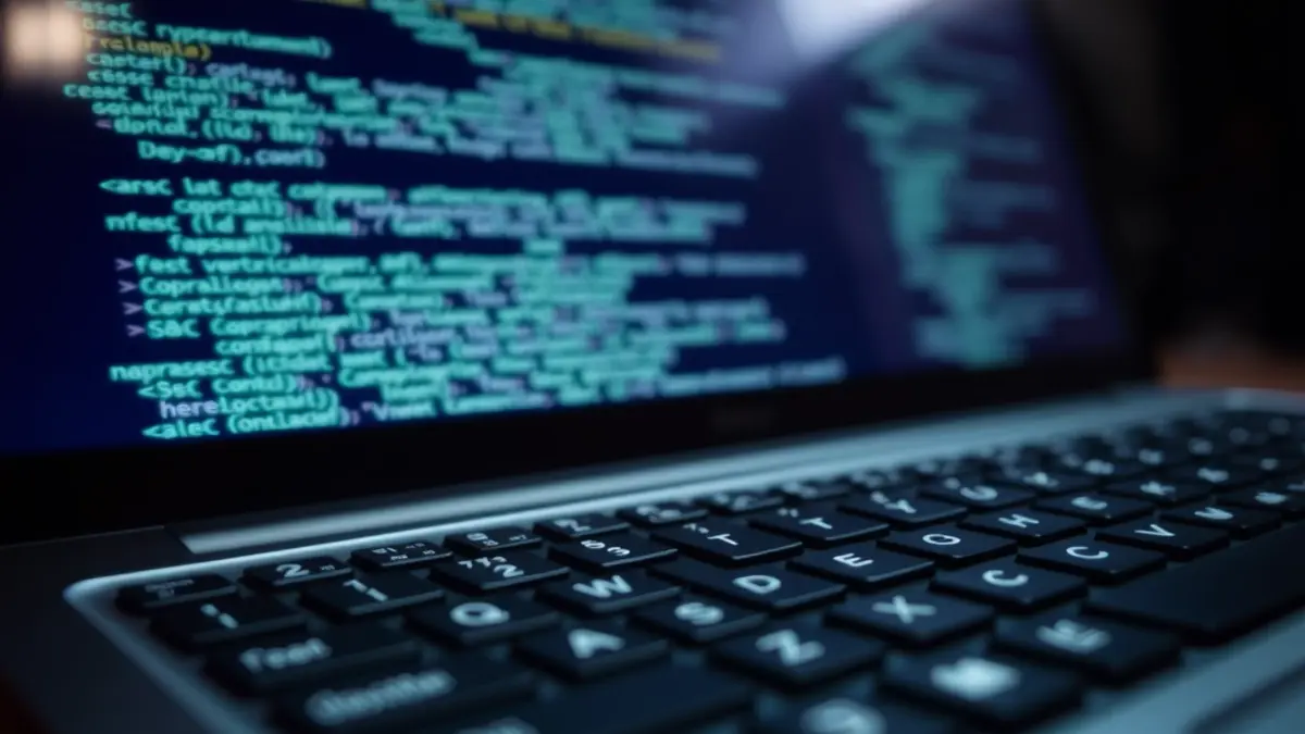 Generic image of a computer keyboard with code on screen, representing cybersecurity.