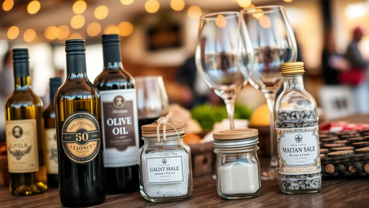 Imagen genérica de productos gourmet de Almería, como aceite de oliva, vino y sal.