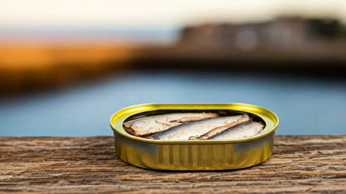 Imagen de una lata de conserva gourmet sobre una superficie de madera.