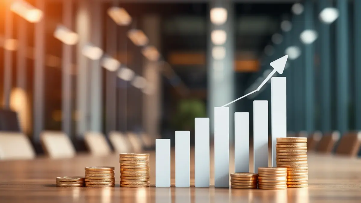 Generic image of financial growth with graphs and coins, in an office setting.