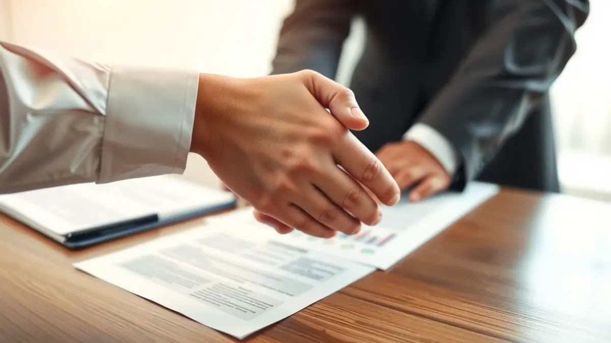 Imaxe xenérica de mans estreitándose nunha mesa de negociación.