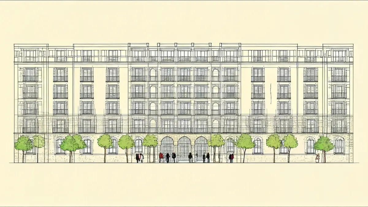 Plano arquitectónico de un hotel con elementos de diseño andaluz.