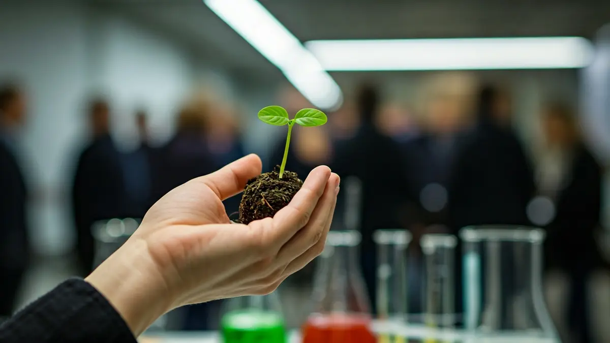 Imagen genérica de biotecnología agrícola, con una mano sosteniendo un brote de planta en un entorno de laboratorio.