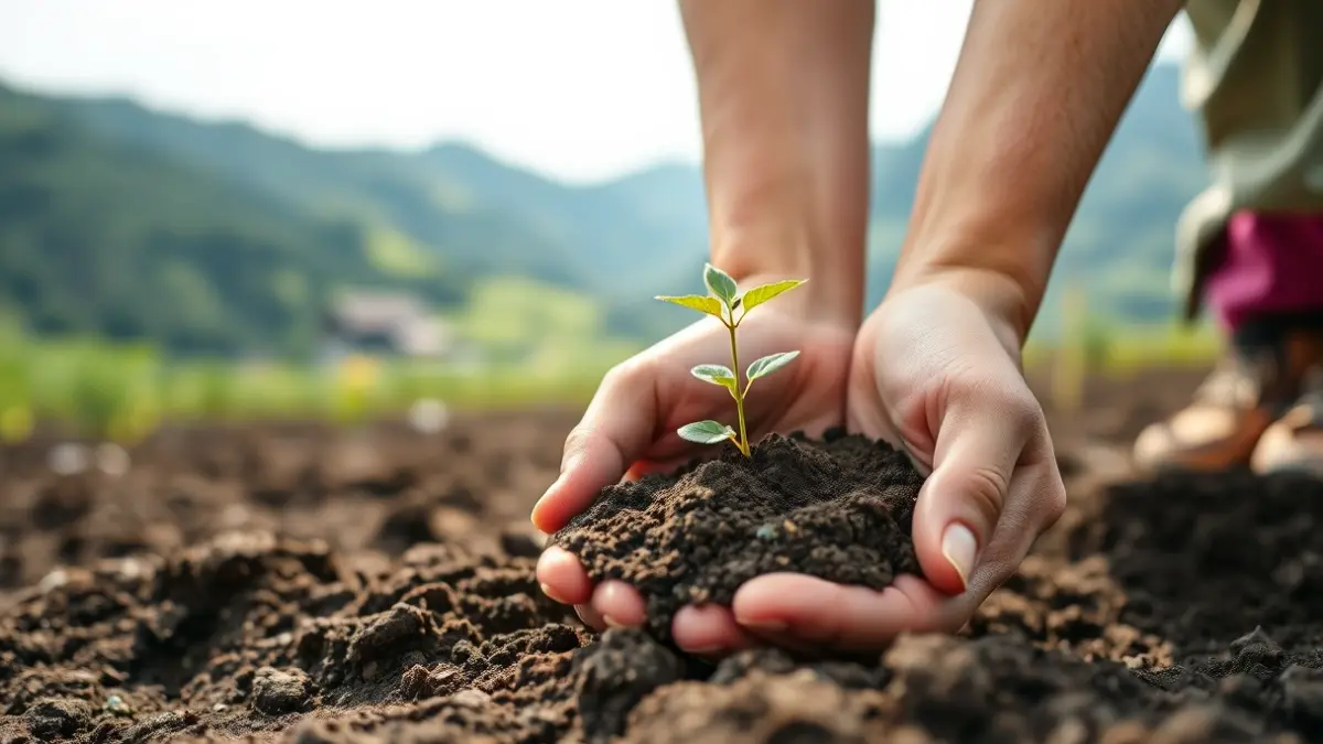 Generic image of hands planting a small seedling in rich soil, representing sustainable agriculture.