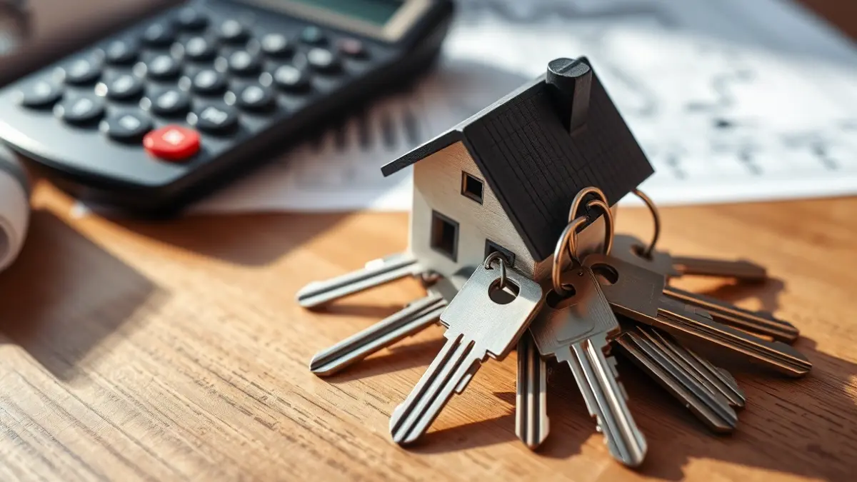 Generic image of house keys on a table, with blurred blueprints in the background.