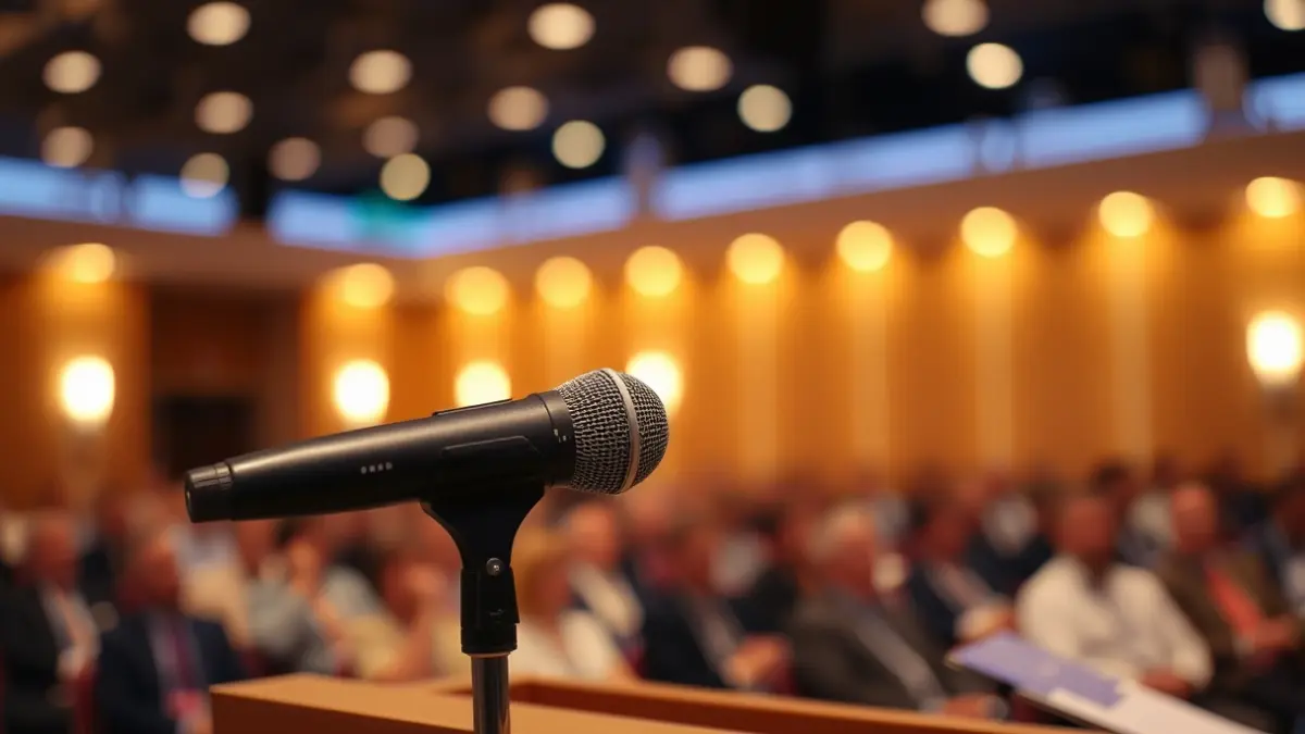 Generic image of a microphone on a podium during a conference.