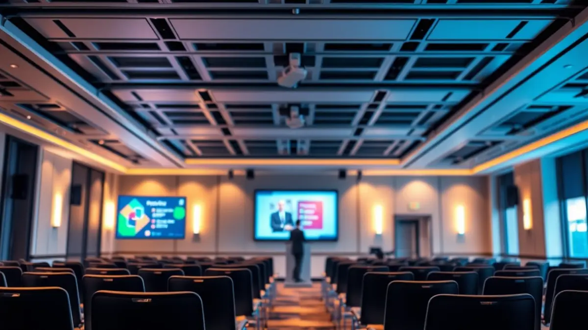 Generic image of an empty conference room, with a screen and chairs, suggesting a business event.