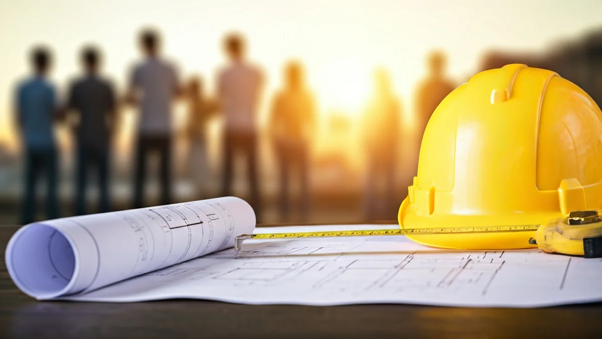 Imagen genérica de un plano de construcción con un casco de seguridad y una cinta métrica, con una ciudad borrosa al fondo.